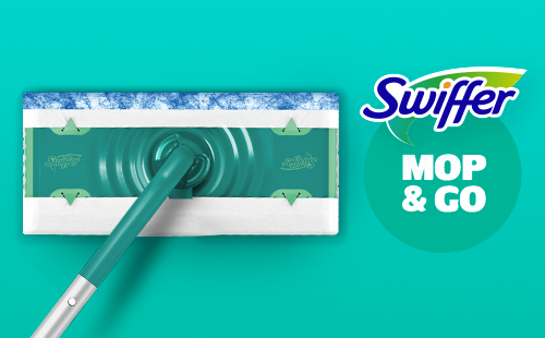 Swiffer Mop & Go mop with a disposable cleaning pad attached, shown on a teal background next to the Swiffer Mop & Go logo.
