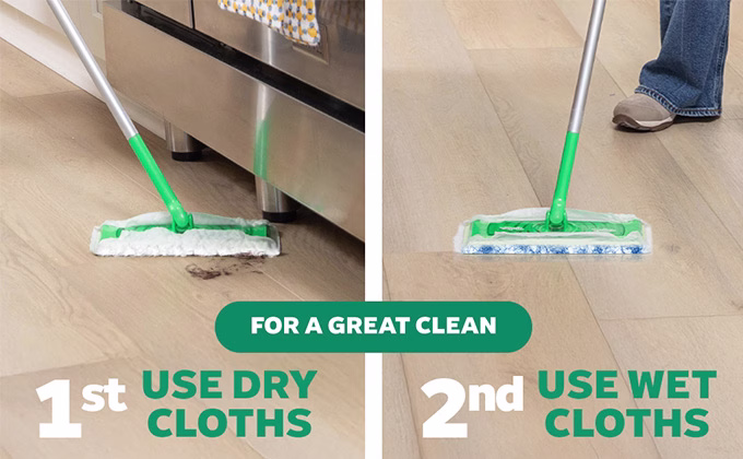 For a great clean: 1st use dry cloths, 2nd use wet cloths