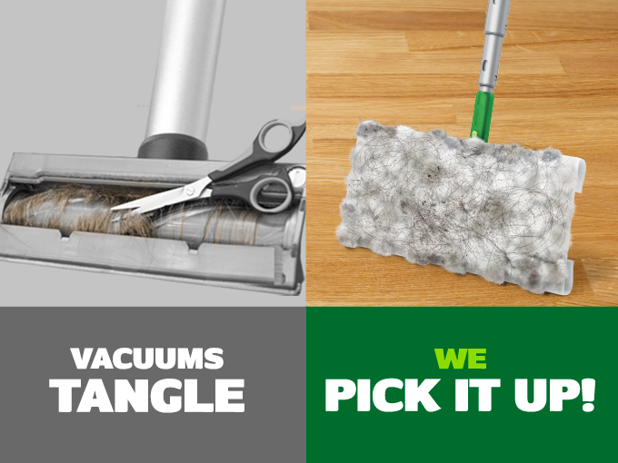 Vacuum cleaner brush tangled with hair and debris, cutting tools nearby; cleaning results in dust and fur on a surface