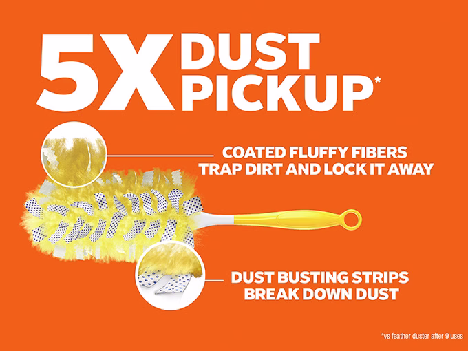 5x Dust Pickup: Coated fluffy fibers trap dirt and lock it away; Dust busting strips break down dust