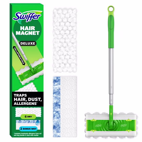 Swiffer Hair Magnet Deluxe Starter Kit with Collapsible Pole, 6 Hair Magnet Dry Cloths, 2 Bonus Mop & Go Wet Cloths