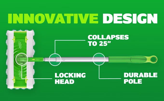 Innovative cleaning tool featuring a collapsible design, locking head, and a durable pole for efficient and convenient use