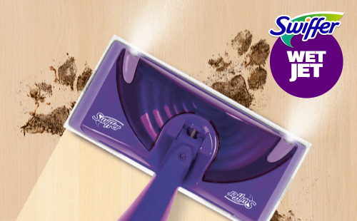 Swiffer WetJet mop gliding over dirt on a light wood floor, with the Swiffer WetJet logo displayed in the top-right corner.