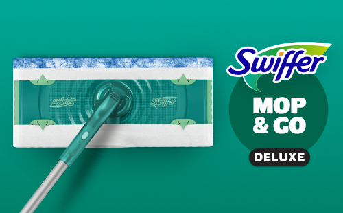 Swiffer Mop & Go Deluxe flat mop with a disposable cleaning pad attached, displayed on a teal background alongside the Swiffer Mop & Go Deluxe logo.