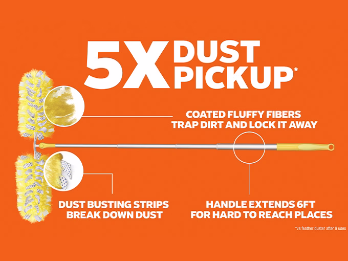 5x Dust pickup: Coated fluffy fibers trap dirt and lock it away; Dust Busting strips break down dust; Handle extends 6ft for hard to reach palces