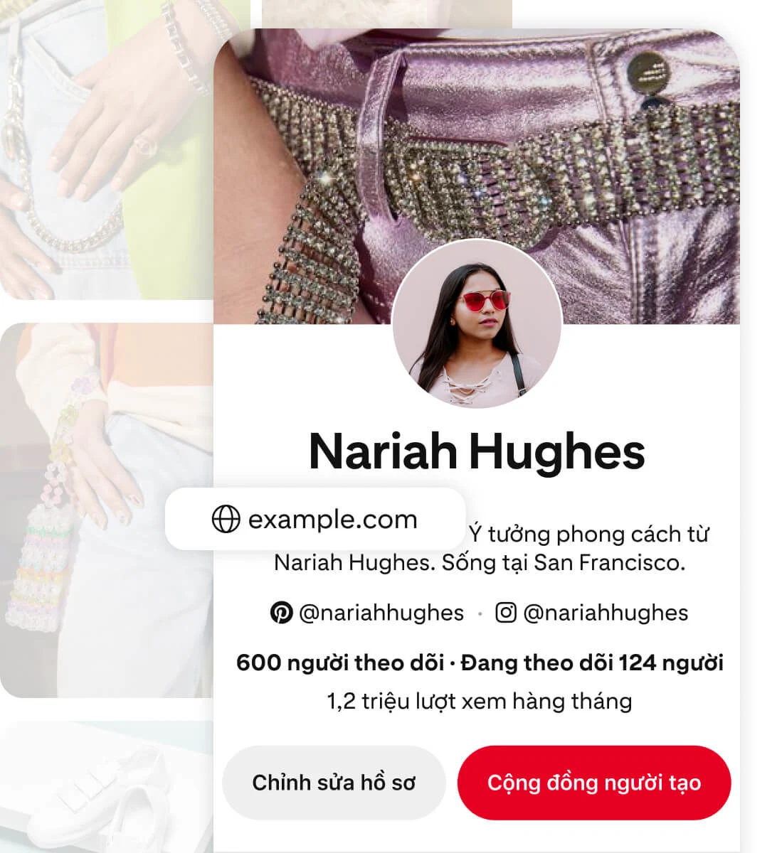 Ảnh chụp màn hình hồ sơ Pinterest của Nariah Hughes trên thiết bị di động, hiển thị nút bật lên màu trắng nêu bật liên kết đến trang web "example.com". Phía sau là những hình ảnh thời trang nhẹ nhàng, mờ ảo, tôn lên nội dung phong cách của cô.