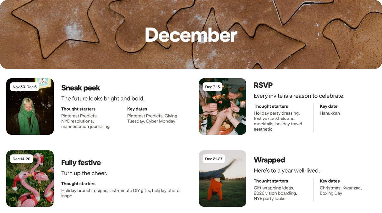 December planner view with four cards: Sneak peek, RSVP, Fully festive and Wrapped, each dated and paired with photos.