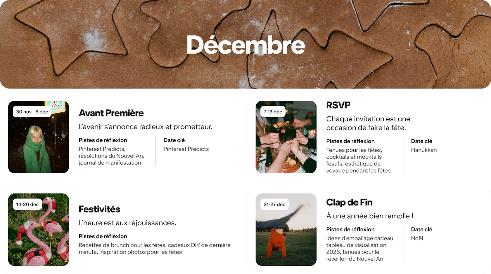 December planner view with four cards: Sneak peek, RSVP, Fully festive and Wrapped, each dated and paired with photos.