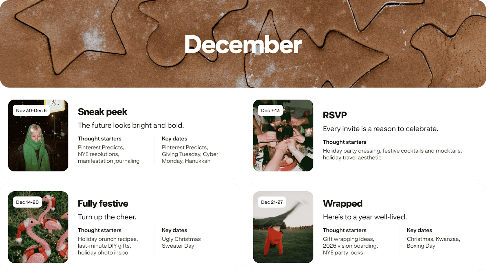 December planner view with four cards: Sneak peek, RSVP, Fully festive and Wrapped, each dated and paired with photos.