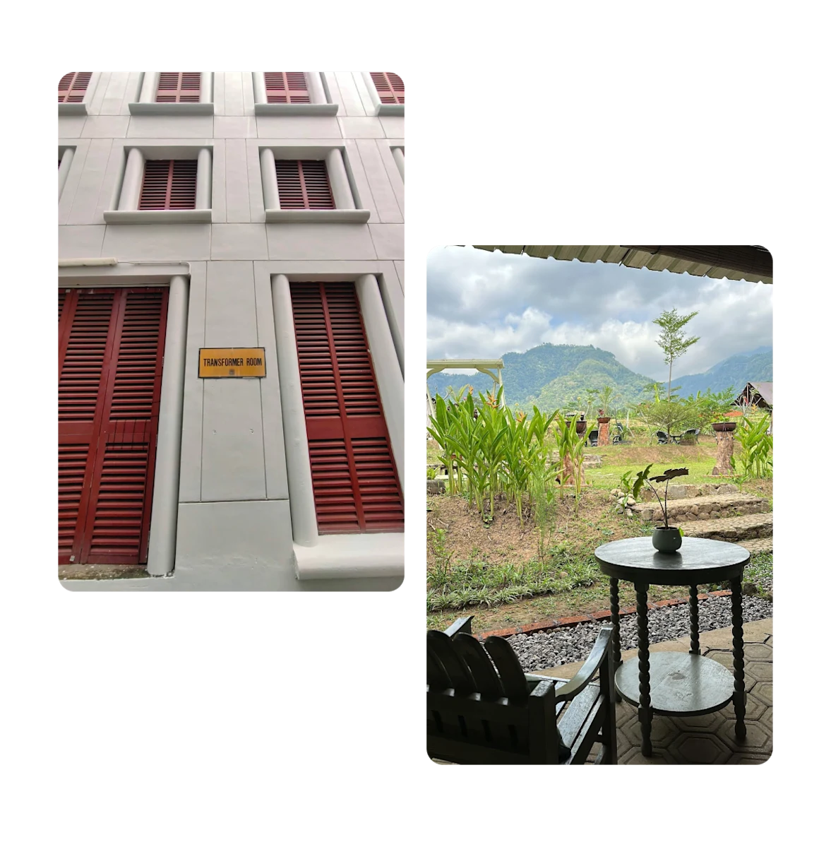 Two pins, exterior of hotel, chair and table looking on to landscape