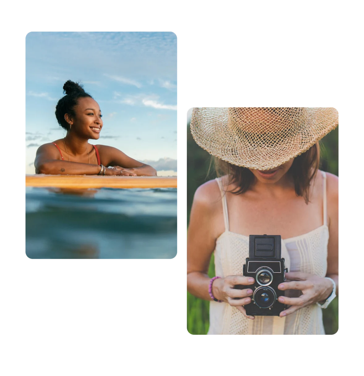 Two pins, girl on surfboard, woman holding old camera