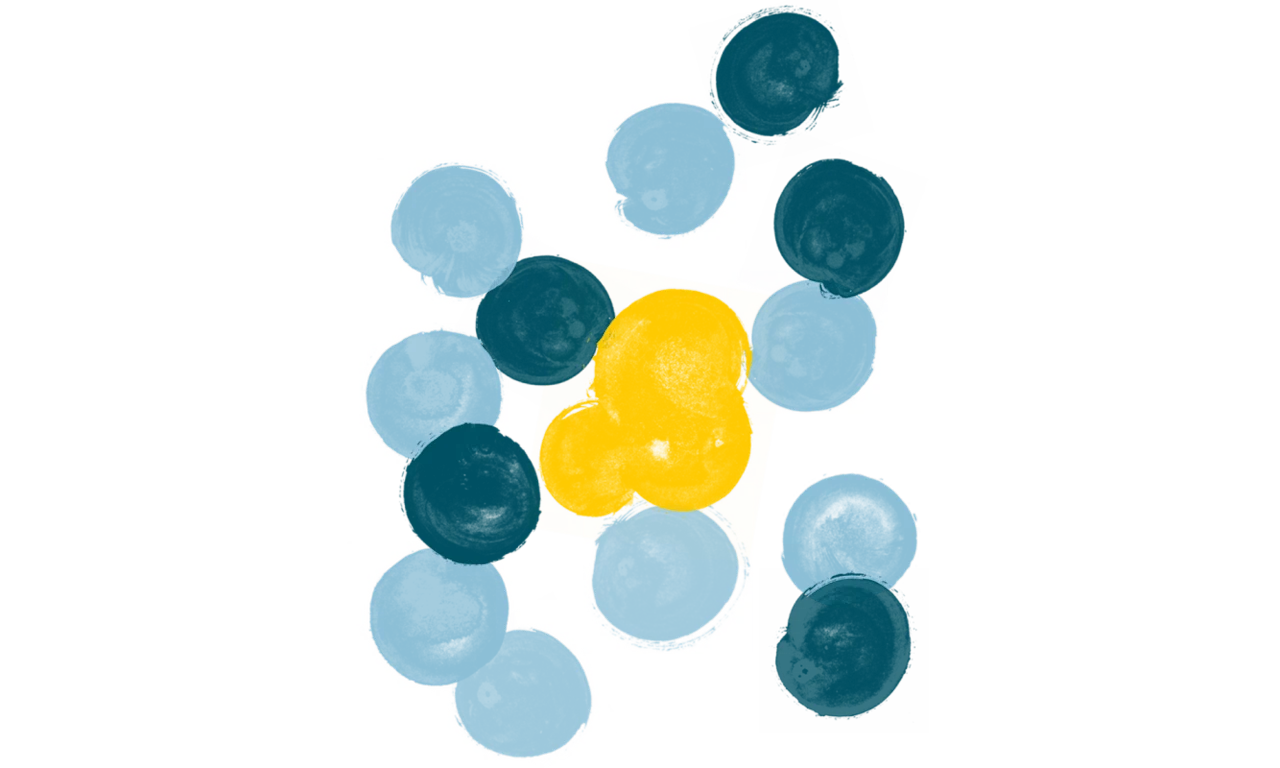 Illustration de pois bleus entourant des points jaunes