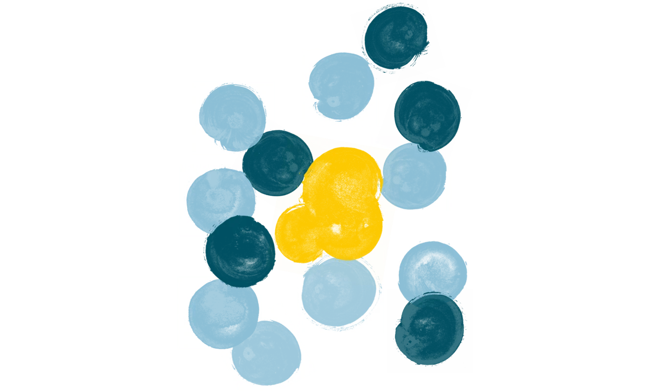 Illustration of blue polka dots surrounding yellow dots