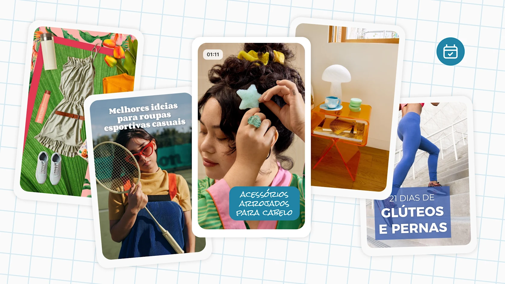 Um grupo de Pins sobre um papel quadriculado, com uma colagem de roupas, uma mulher segurando uma raquete de tênis e uma presilha de cabelo com estrelas.