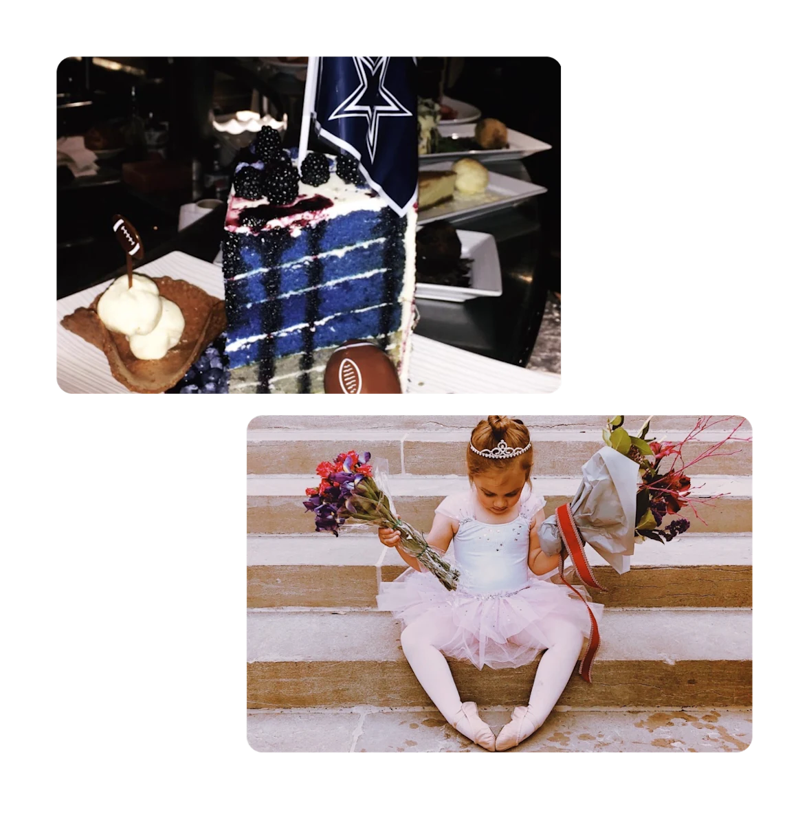Two pins, football team cake, young ballerina with flowers
