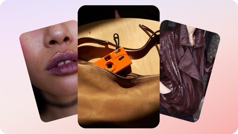 À gauche : sac à main en fil de fer bleu clair brandi au ciel ; En haut à droite : mains aux ongles vernis verts tenant une tasse verte devant une veste verte ; En bas à droite : l’arrière de la tête d’une personne aux nattes torsadées et créatives 