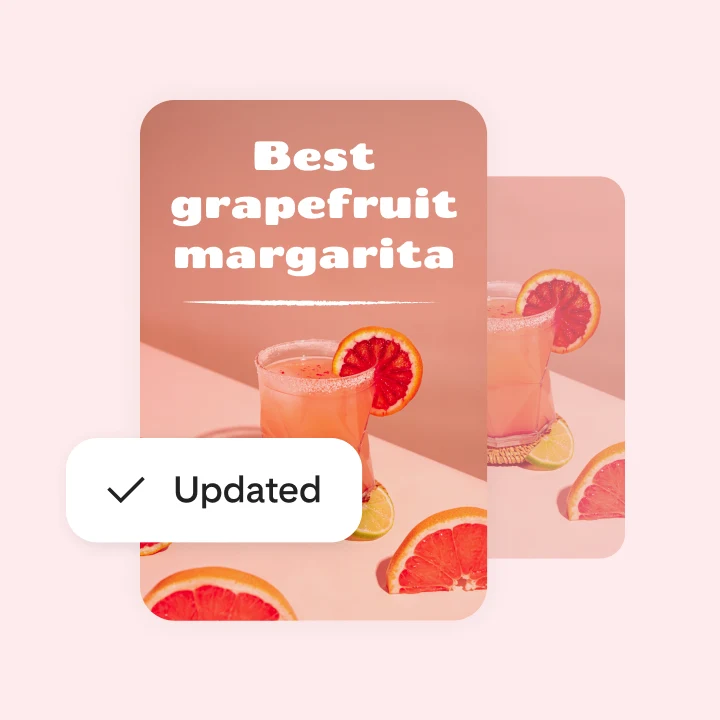 Pin of a grapefruit margarita with a text overlay showing a checkmark and the word "updated."