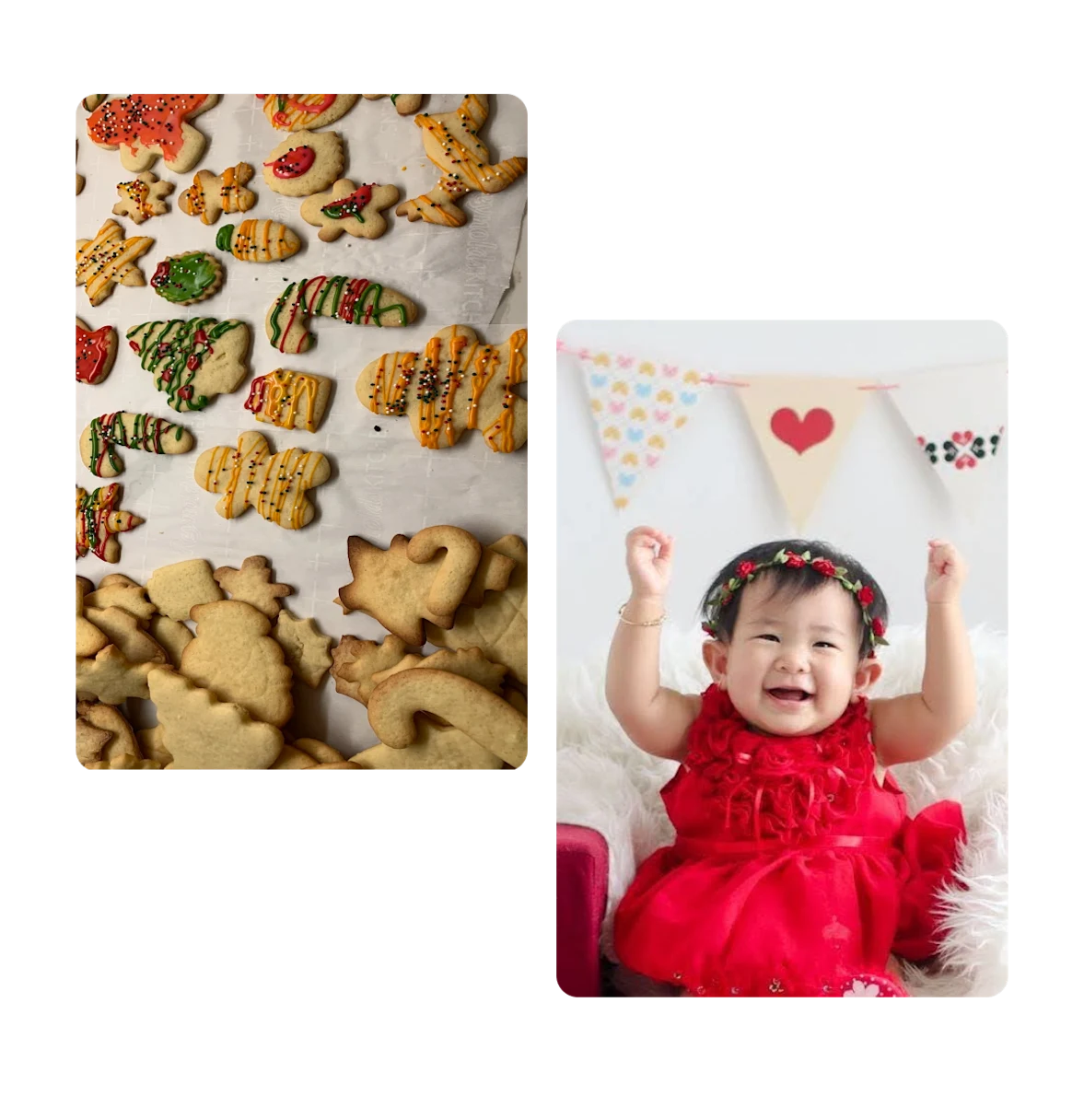 Two pins, homemade christmas cookies, happy baby with arms above head in front of walk decoration for holiday