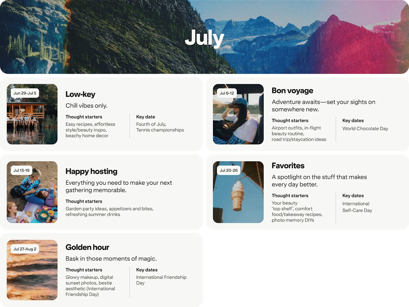 July planner view with five cards: Low-key, Bon voyage, Happy hosting, Favorites and Golden hour, each dated and paired with photos.