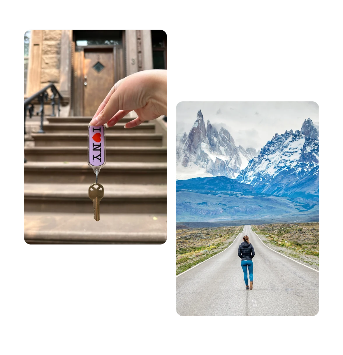 Two pins, keys outside of apartment, walking open road