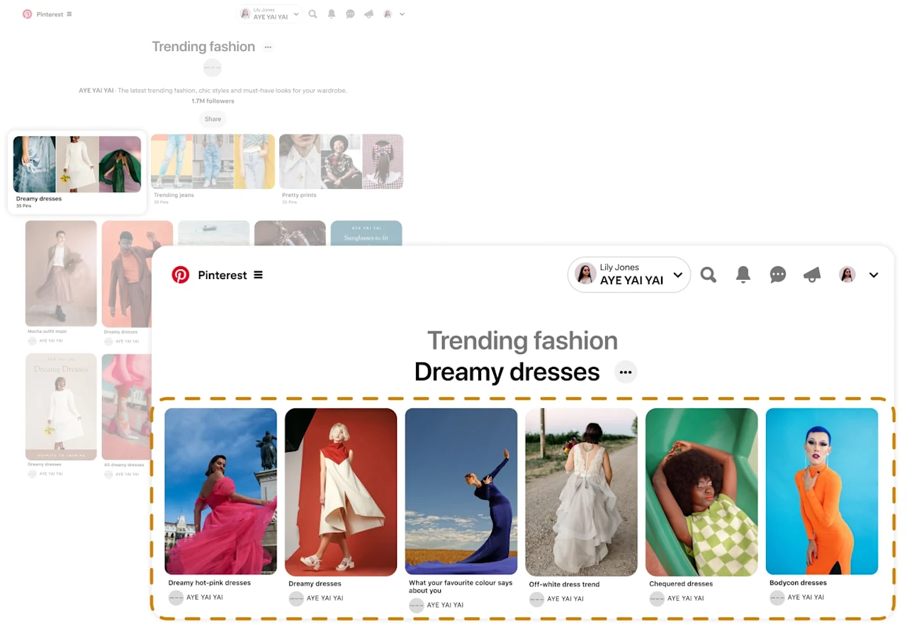 Pinterest board profile showing a board section for Dreamy dresses