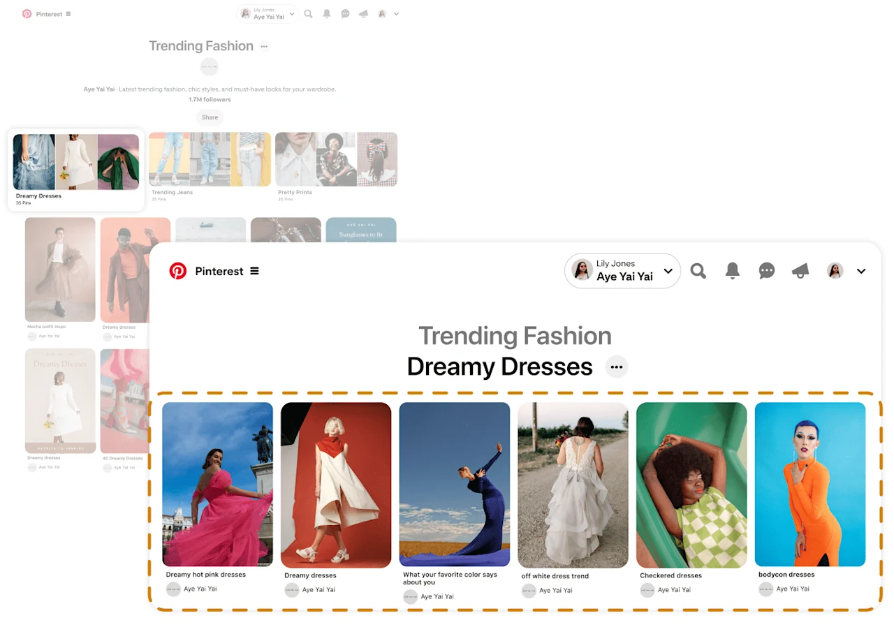Pinterest board profile showing section for Dreamy Dresses