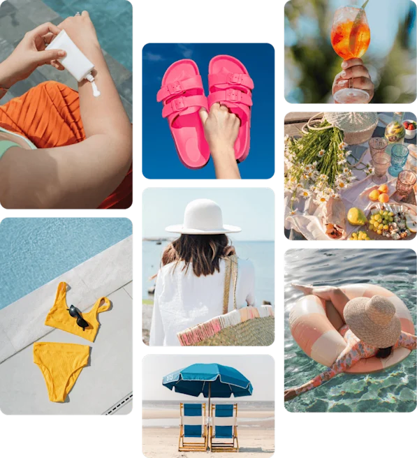 Pin grid showing summer-related images, swimsuit with sunglasses, hot pink sandals, summer cocktails and snacks, beach decor and beachwear