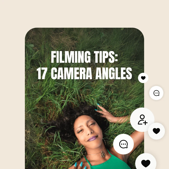 Pin featuring woman lying in the grass with text overlay words: filming tips: 17 camera angles.