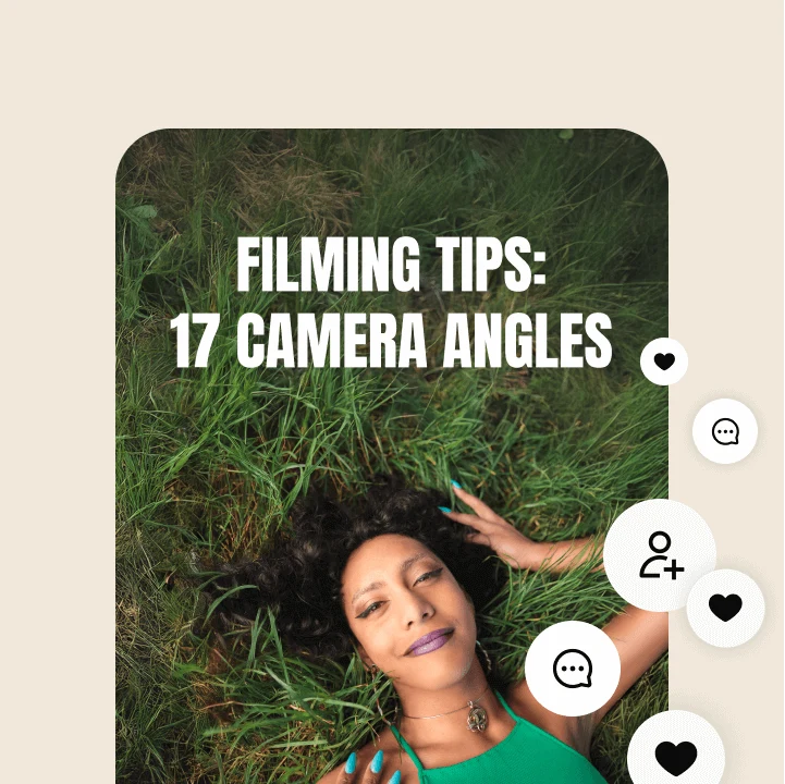 Pin featuring a woman lying in the grass with text overlay words: ‘Filming tips: 17 camera angles’.