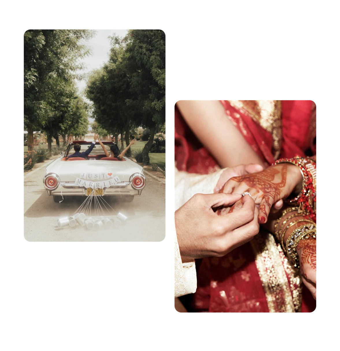 Two pins, just married getaway car, closeup of bride and groom hands