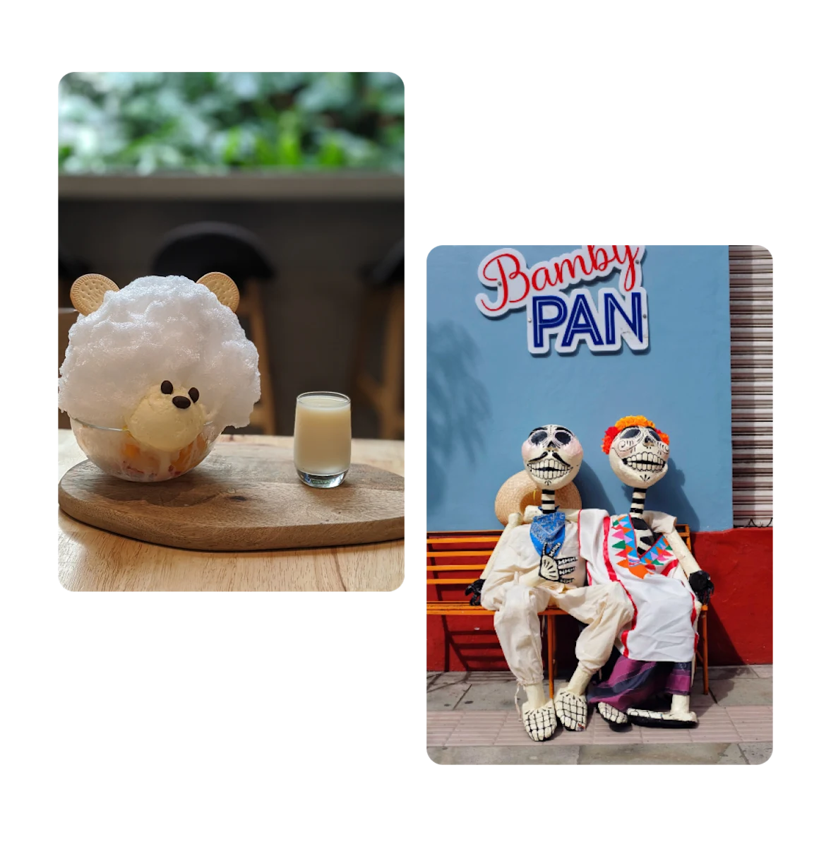 Two pins, teddy bear snack with milk, skeletons for dia de muertos