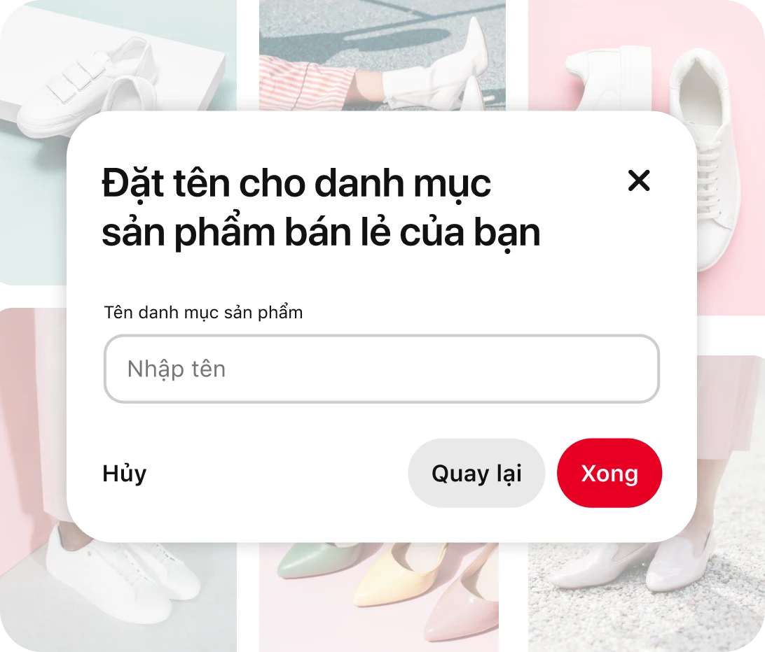 Lưới ghim về giày được làm mờ dần ở phía sau cửa sổ bật lên "Đặt tên cho danh mục sản phẩm bán lẻ của bạn"