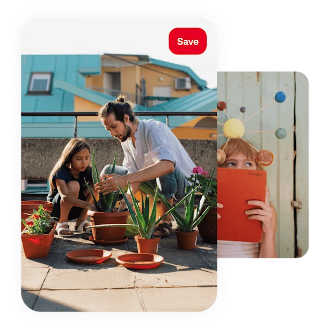 Pin of teacher helping a student with a plant