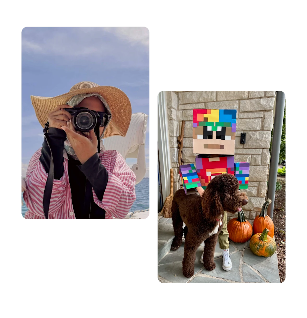 Two pins, woman taking photo with camera, homemade kids halloween costume