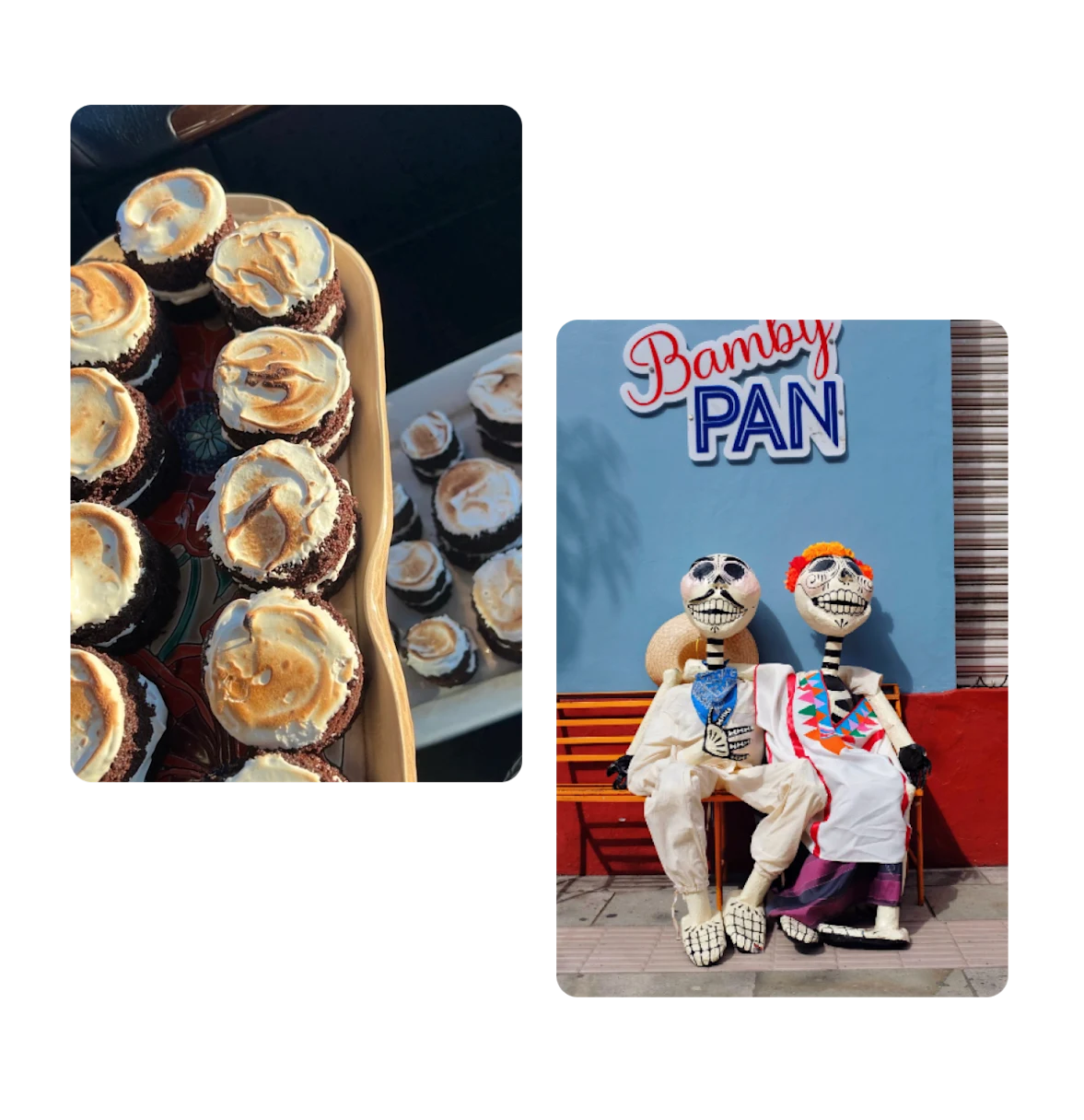 Two pins, teddy bear snack with milk, skeletons for dia de muertos