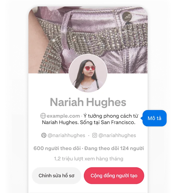 Ảnh chụp màn hình hồ sơ Pinterest của Nariah Hughes trên thiết bị di động, hiển thị một nút bật lên màu xanh lam có nhãn "Mô tả" trỏ đến tên người dùng của cô.