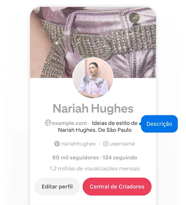 Mobile screenshot of Nariah Hughes' Pinterest profile, featuring a blue pop-up button labeled 'Description' pointing to her username.