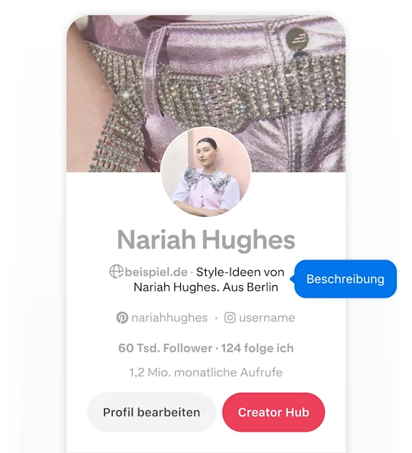 Mobile screenshot of Nariah Hughes' Pinterest profile, featuring a blue pop-up button labeled 'Description' pointing to her username.