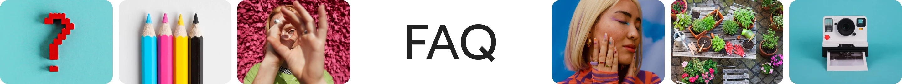Row of six Pins with letters spelling FAQ in centre