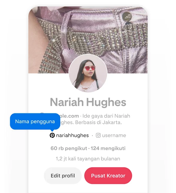 Mobile screenshot of Pinterest profile for Nariah Hughes, with blue pop up button that says username pointing the username on the profile.