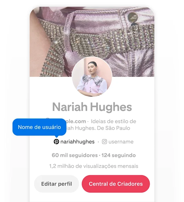 Mobile screenshot of Pinterest profile for Nariah Hughes, with blue pop up button that says username pointing the username on the profile.