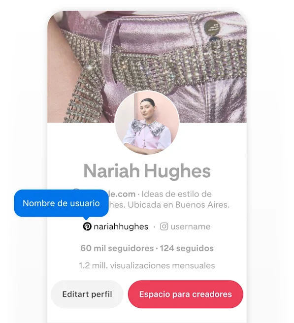 Mobile screenshot of Pinterest profile for Nariah Hughes, with blue pop up button that says username pointing the username on the profile.