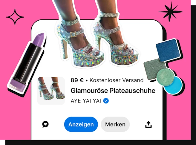 Cutout von silbernen, mit Strasssteinen besetzten Schuhen über der Produkt-Einkaufsinformation mit den Worten „Glamouröse Plateauschuhe, 89 $“ und dem Markennamen „Aye Yai Yai“.