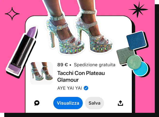 Ritaglio di un paio di scarpe argentate scintillanti sovrapposto alle informazioni per l'acquisto del prodotto con le parole "tacchi a spillo glamour con plateau, € 89" e il nome brand "AYE YAI YAI".
