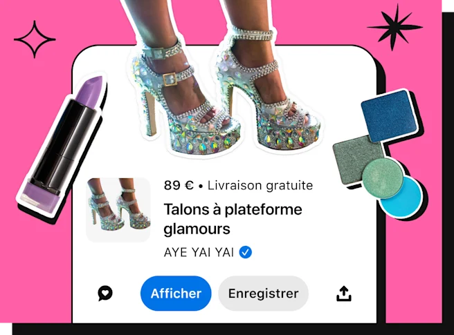Découpe de talons argentés et ornés de strass superposée sur des informations d’achat de produits avec inscrit « Glam Platform Heels, 89 $ » et le nom de la marque « AYE YAI YAI ».