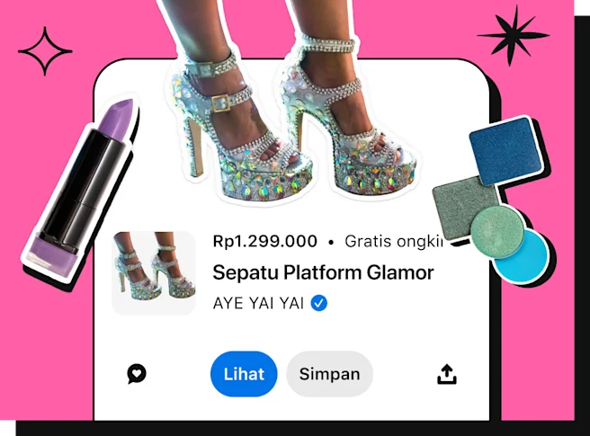 Stiker sepatu berwarna perak berhias berlian imitasi berada di atas informasi belanja produk dengan kata-kata "sepatu platform glamor, Rp1.299.000" dan nama merek "Aye Yai Yai".