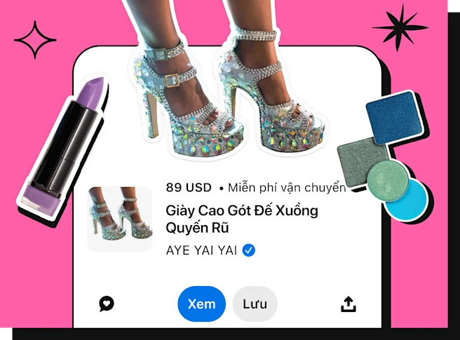 Hình cắt giày đính đá màu bạc phủ lên thông tin mua sắm sản phẩm với dòng chữ "giày cao gót đế xuồng sang trọng, 2.000 VND" và tên thương hiệu "Aye Yai Yai".