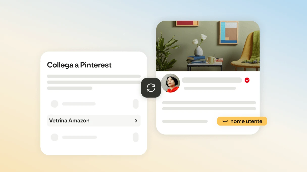Schermata "Collega a Pinterest" dell'app di Pinterest, con "Vetrina Amazon" evidenziato e, a seguire, il link alla vetrina Amazon dell'utente visualizzato nel profilo.