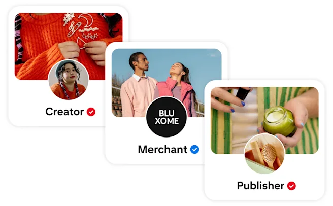 A collage of 3 Pinterest profile cards: the Creator card shows a person in a red sweater, the Merchant card shows a couple outdoors, and the Publisher card shows a person with a skincare product. Each card has a circular image and verification checkmark.