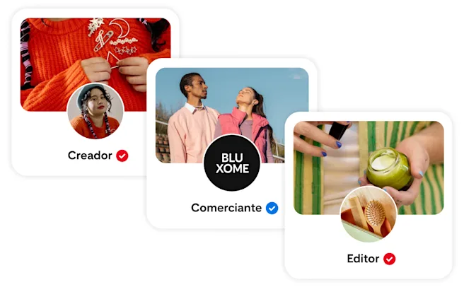 3 tarjetas de perfil de Pinterest: en la de creador hay alguien con un suéter rojo, en la de comerciante hay una pareja al aire libre y en la de editor hay alguien con un producto para la piel. Todas tienen una imagen circular y una marca de verificación.